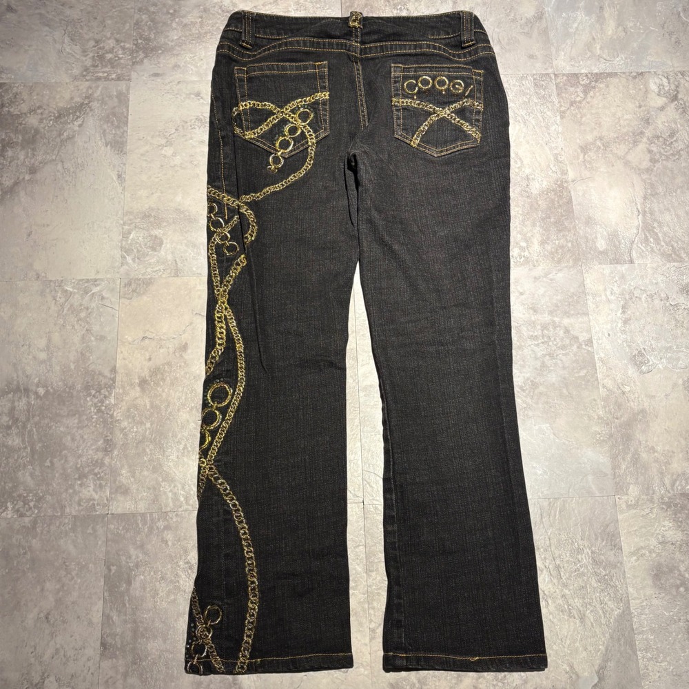 Coogi Jeans Womens 7/8 Black Denim Gold Chain Embroidered Stretch Low Rise Pants